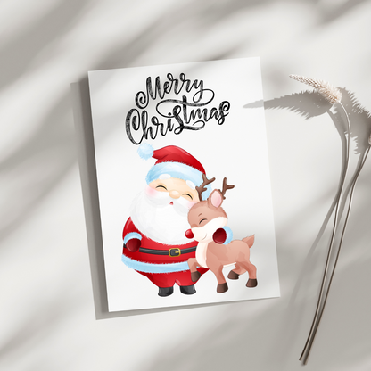 Weihnachtskarte - Postkarte -Weihnachtsmann mit Rudolf